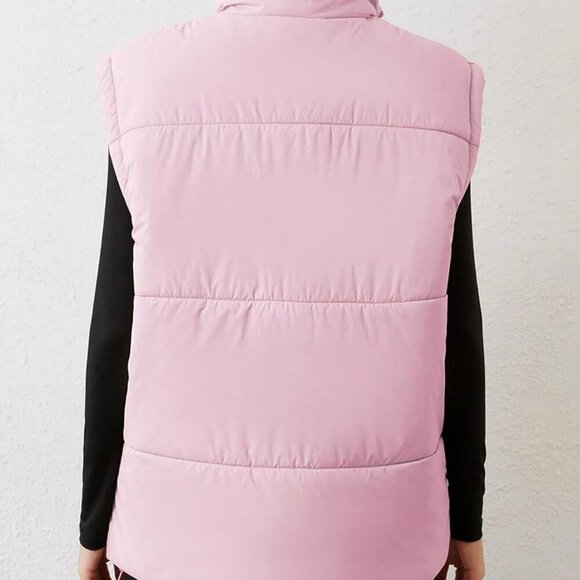Pink Casual Women's Stand Collar Quilted Sleeveless Puffer Vest Jacket - Picture 2 of 6